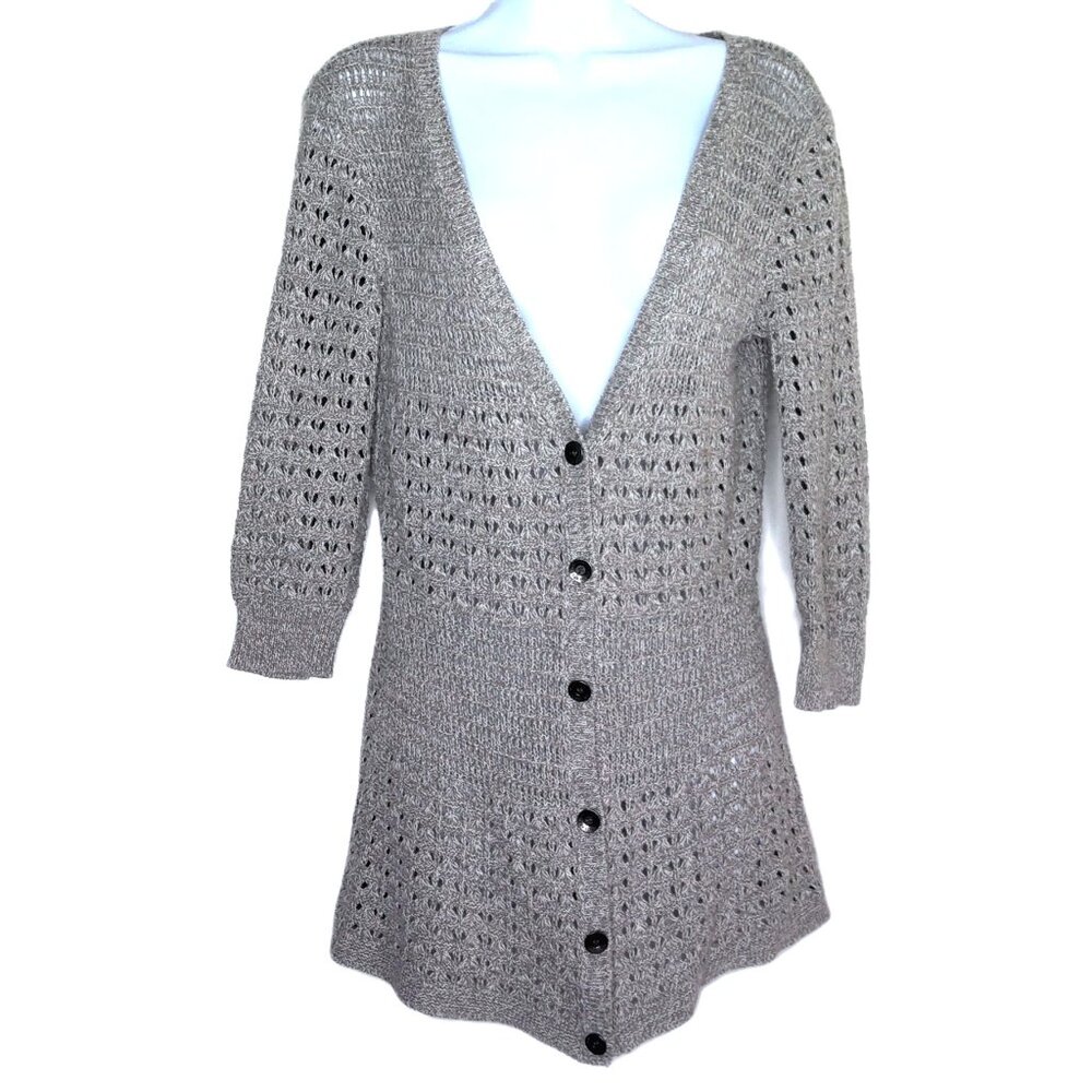 DKNY Jeans Taupe / Gray Cardigan Sweater  V-Neck Knit 3/4 Sleeve Logo Buttons  S